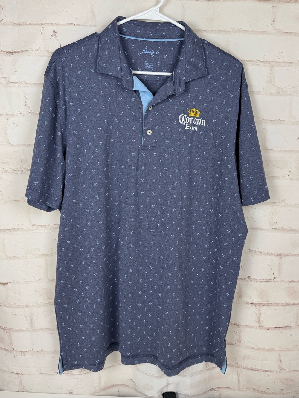 Johnnie-o Polo Golf Shirt Palm Tree Print Corona Extra Logo Size L EUC